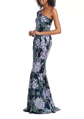 Marchesa Floral-Embroidered One-Shoulder Gown