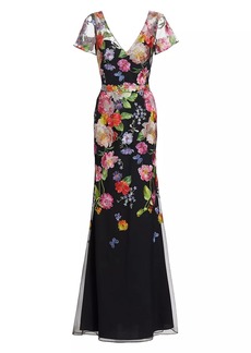 Marchesa Floral-Embroidered Tulle Lace-Up Gown