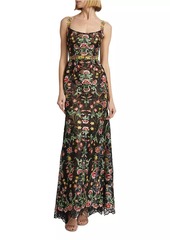 Marchesa Floral Guipure Sleeveless Fit-&-Flare Gown