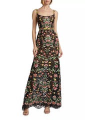 Marchesa Floral Guipure Sleeveless Fit-&-Flare Gown