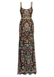 Marchesa Floral Guipure Sleeveless Fit-&-Flare Gown