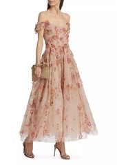 Marchesa Floral Off-The-Shoulder Cocktail Maxi Dress