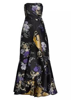Marchesa Floral Strapless Ruffle Gown