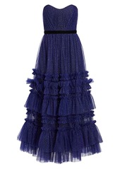 Marchesa Glitter Tulle Strapless Tea-Length Gown