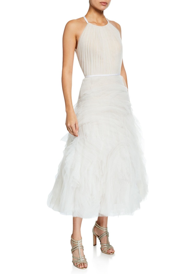 Halter-Neck Textured Tulle Draped Bodice Tea-Length Gown