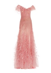 Marchesa - Feather-Embroidered Tulle Off-The-Shoulder Gown - Pink - US 2 - Moda Operandi