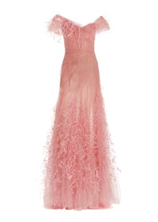 Marchesa - Feather-Embroidered Tulle Off-The-Shoulder Gown - Pink - US 4 - Moda Operandi