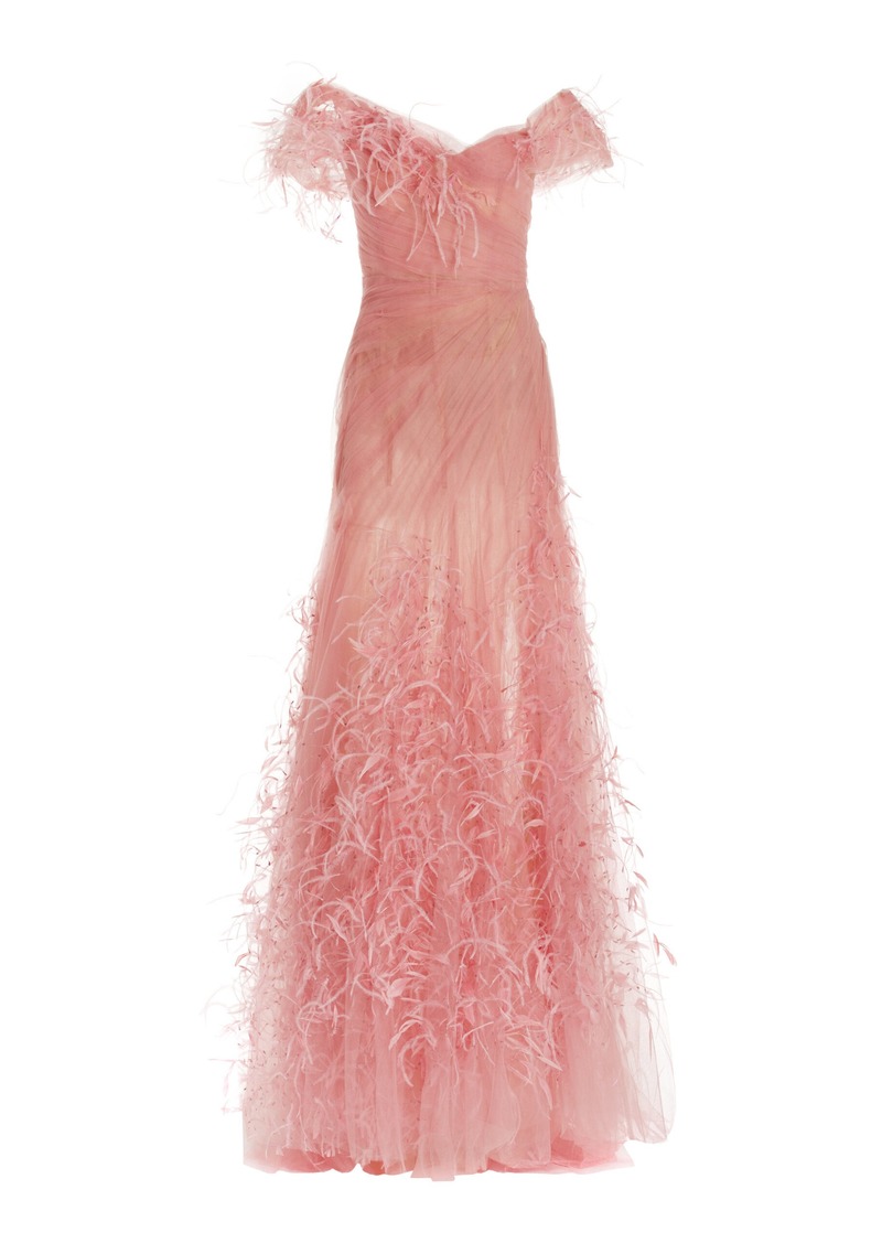 Marchesa - Feather-Embroidered Tulle Off-The-Shoulder Gown - Pink - US 2 - Moda Operandi