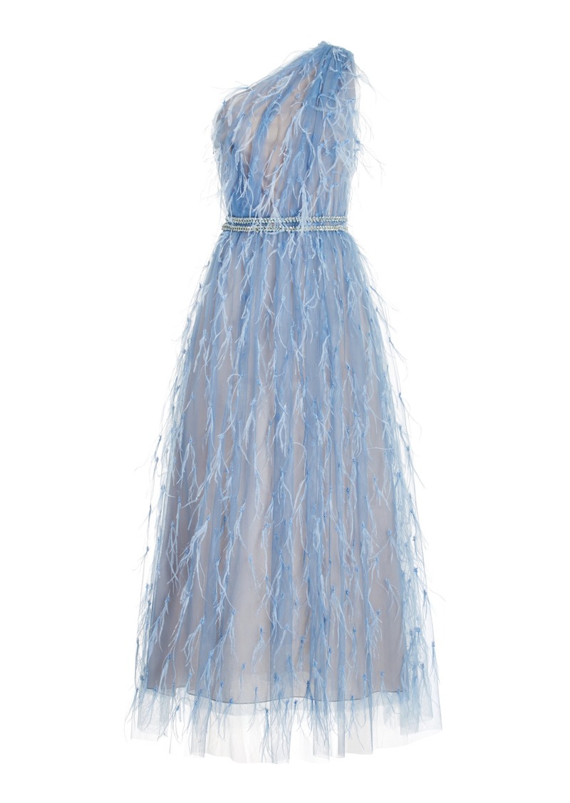 Marchesa - Feather-Embroidered Tulle One-Shoulder Midi Dress - Blue - US 10 - Moda Operandi