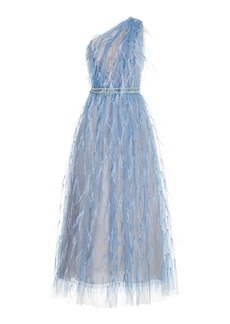 Marchesa - Feather-Embroidered Tulle One-Shoulder Midi Dress - Blue - US 2 - Moda Operandi