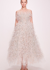 Marchesa - Feathered Silk Corset Midi Dress - Neutral - US 2 - Moda Operandi