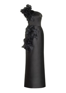 Marchesa - One-Shoulder Floral-Appliquéd Satin Gown - Black - US 4 - Moda Operandi