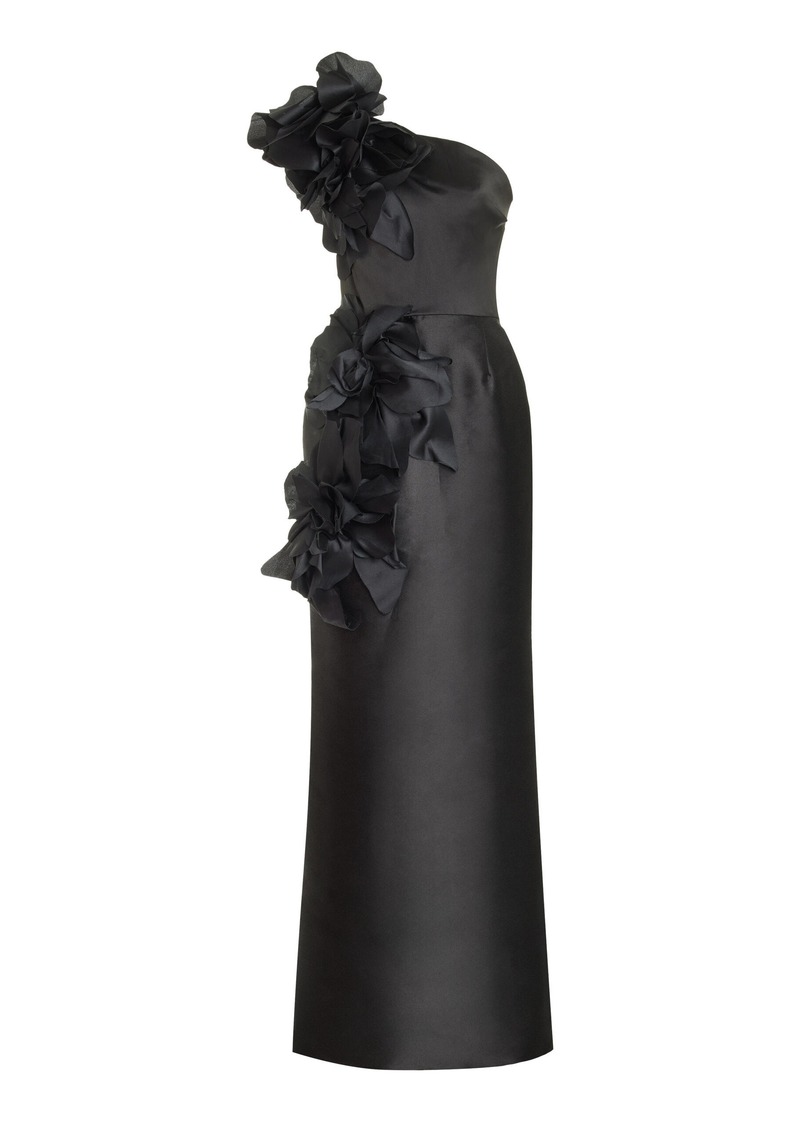 Marchesa - One-Shoulder Floral-Appliquéd Satin Gown - Black - US 2 - Moda Operandi