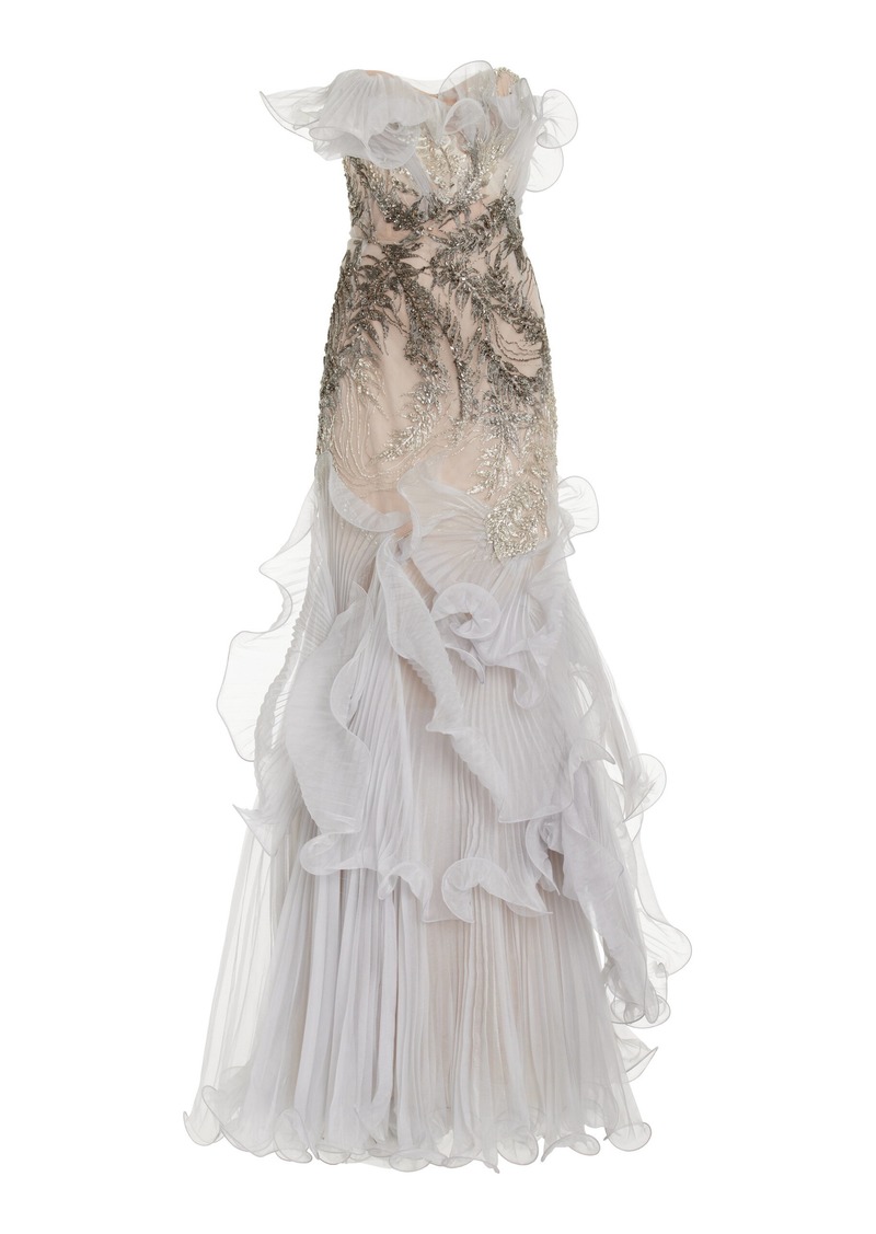 Marchesa - Ruffled Crystal-Embellished Tulle Gown - Grey - US 8 - Moda Operandi