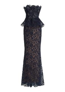 Marchesa - Silk Lace Peplum Gown - Navy - US 0 - Moda Operandi