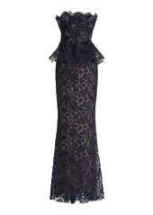 Marchesa - Silk Lace Peplum Gown - Navy - US 2 - Moda Operandi
