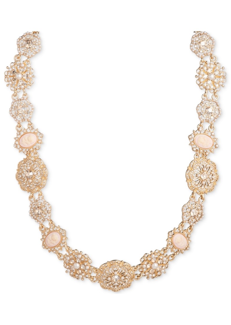 "Marchesa Gold-Tone Crystal & Imitation Pearl Flower Cameo Collar Necklace, 16"" + 3"" extender - Gold"