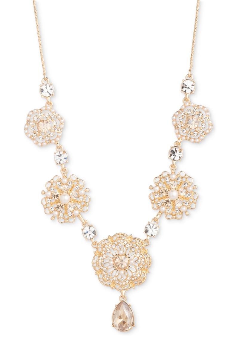 "Marchesa Gold-Tone Crystal & Imitation Pearl Flower Statement Necklace, 16"" + 3"" extender - Gold"
