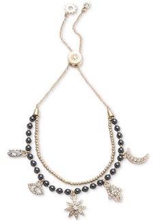 Marchesa Gold-Tone Crystal & Imitation Pearl Multi-Charm Double-Row Slider Bracelet