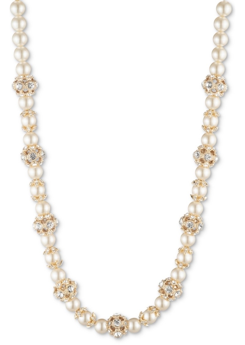 "Marchesa Gold-Tone Imitation Pearl & Crystal Button Station Necklace, 16"" + 3"" extender - Gold"
