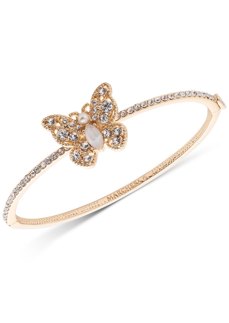 Marchesa Gold-Tone Imitation Pearl, Mother of Pearl & Glass Pave Butterfly Bangle Bracelet - White