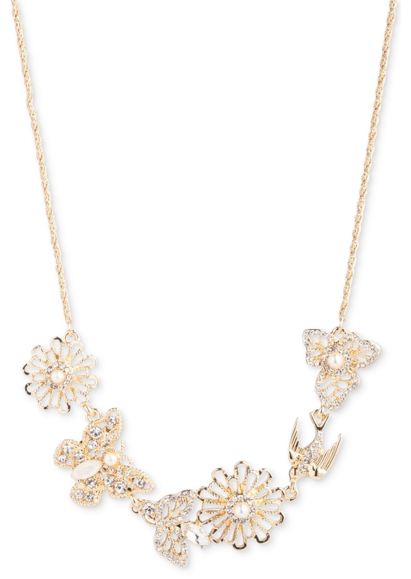 "Marchesa Gold-Tone Imitation Pearl, Mother of Pearl & Glass Stone Butterfly, Bird & Flower Collar Necklace, 16"" + 3"" extender - White"