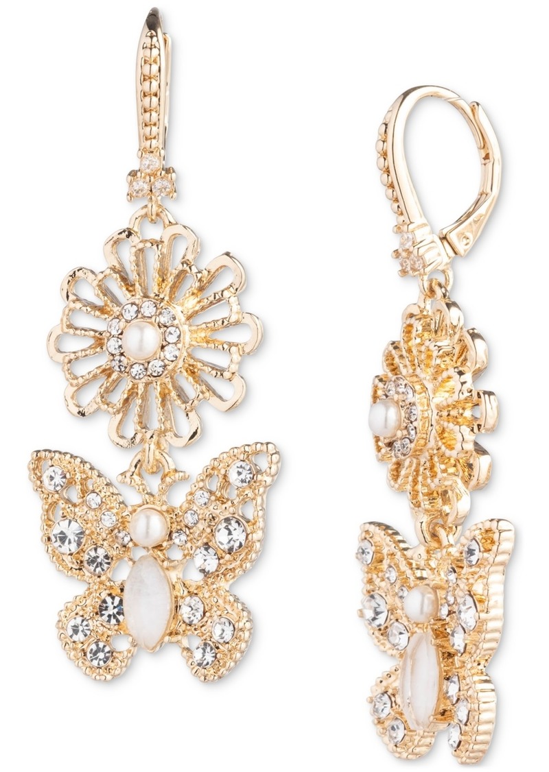 Marchesa Gold-Tone Mixed Stone Flower & Butterfly Double Drop Earrings - White
