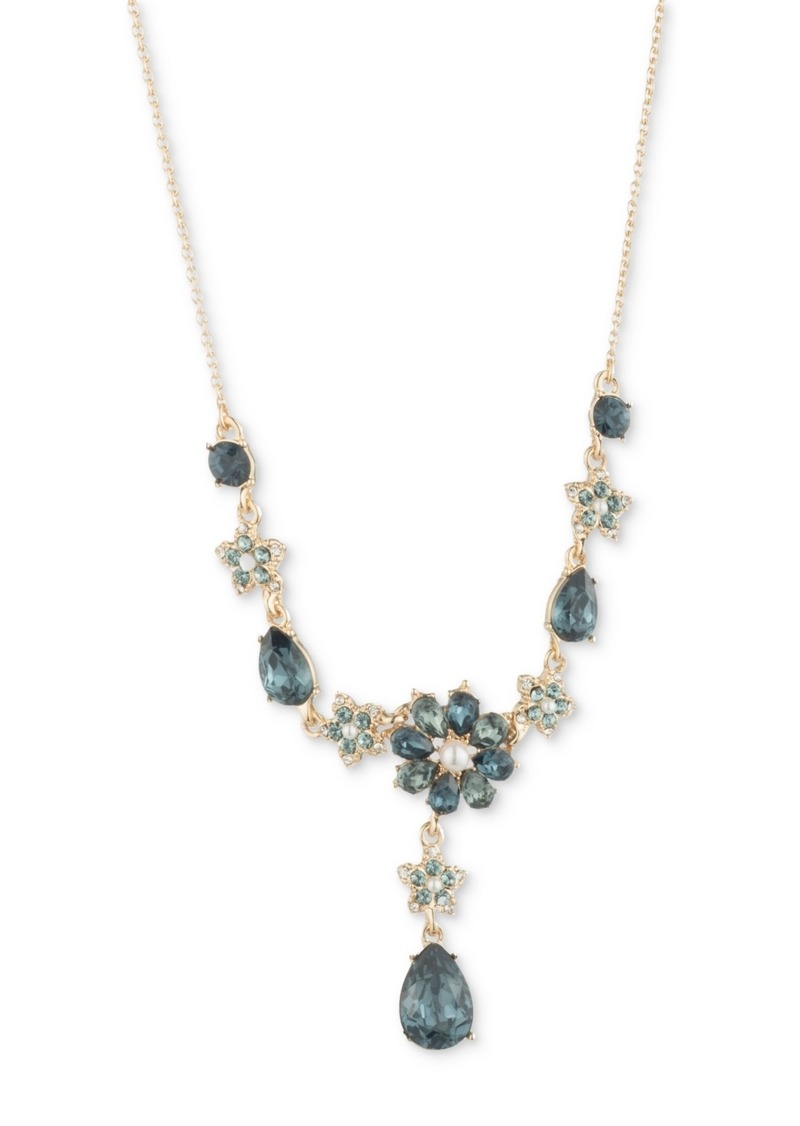 "Marchesa Gold-Tone Pave, Stone & Imitation Pearl Flower Lariat Necklace, 16"" + 3"" extender - Blue"