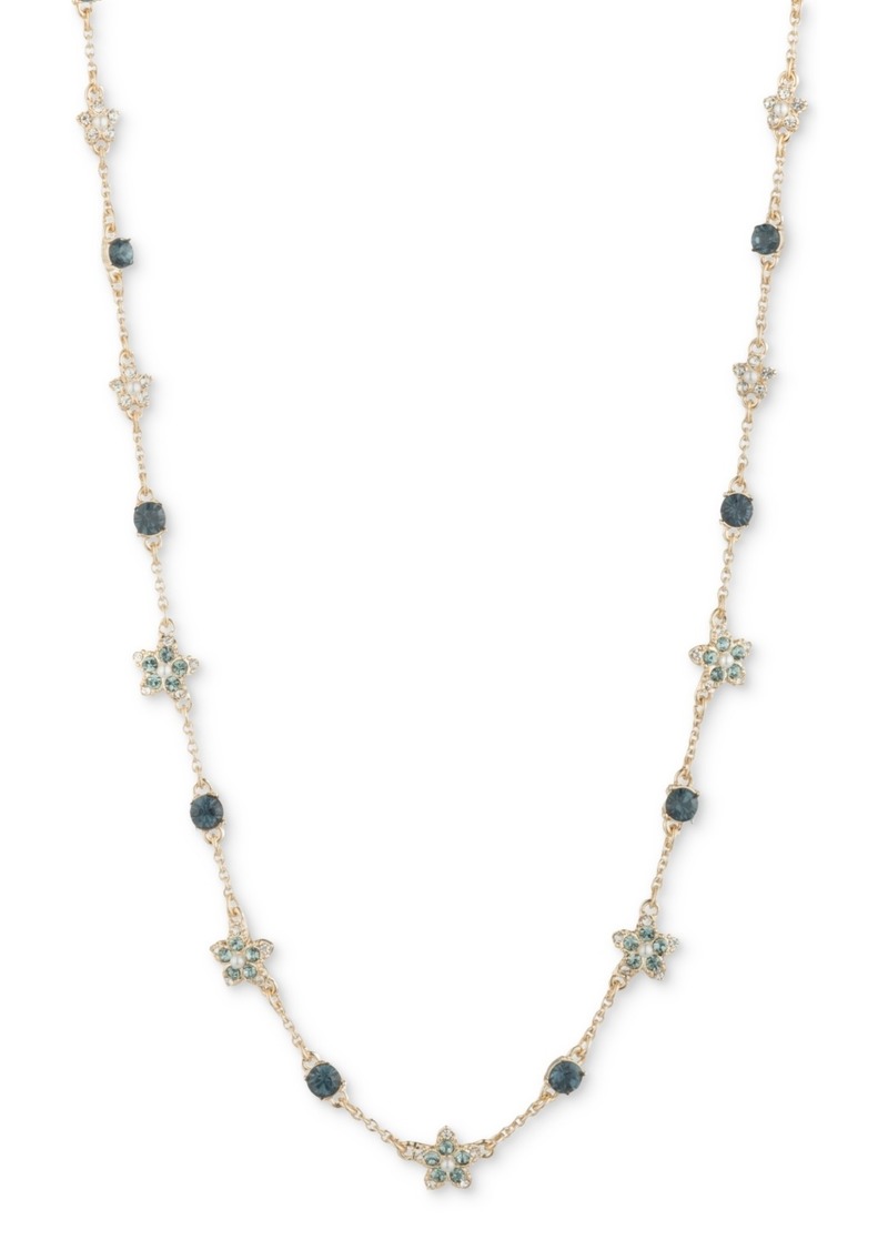 "Marchesa Gold-Tone Pave, Stone & Imitation Pearl Flower Station Collar Necklace, 16"" + 3"" extender - Blue"