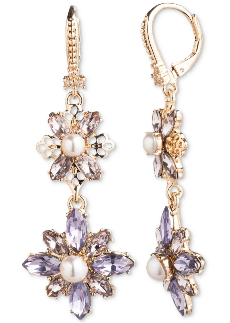 Marchesa Gold-Tone Purple Stone Floral Double Drop Earrings - Purple