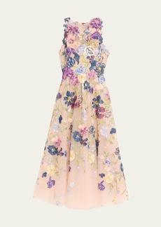 Marchesa Multicolor Floral Embroidered Cocktail Dress with 3D Flower Accents