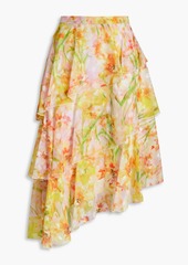 Marchesa Notte - Asymmetric tiered floral-print fil coupé georgette skirt - Yellow - US 4