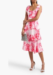 Marchesa Notte - Bow-embellished tiered printed satin dress - Pink - US 2
