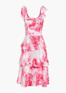 Marchesa Notte - Bow-embellished tiered printed satin dress - Pink - US 0
