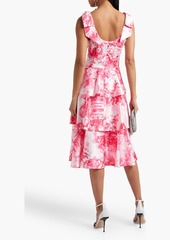 Marchesa Notte - Bow-embellished tiered printed satin dress - Pink - US 2