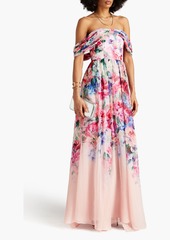 Marchesa Notte - Off-the-shoulder draped floral-print chiffon gown - Pink - US 0