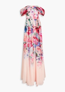 Marchesa Notte - Off-the-shoulder draped floral-print chiffon gown - Pink - US 0
