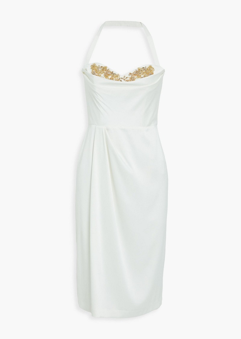 Marchesa Notte - Embellished draped pleated crepe halterneck dress - White - US 2