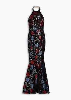Marchesa Notte - Embellished ruffled tulle halterneck gown - Black - US 4