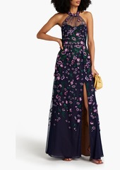 Marchesa Notte - Embroidered tulle-paneled chiffon gown - Blue - US 4