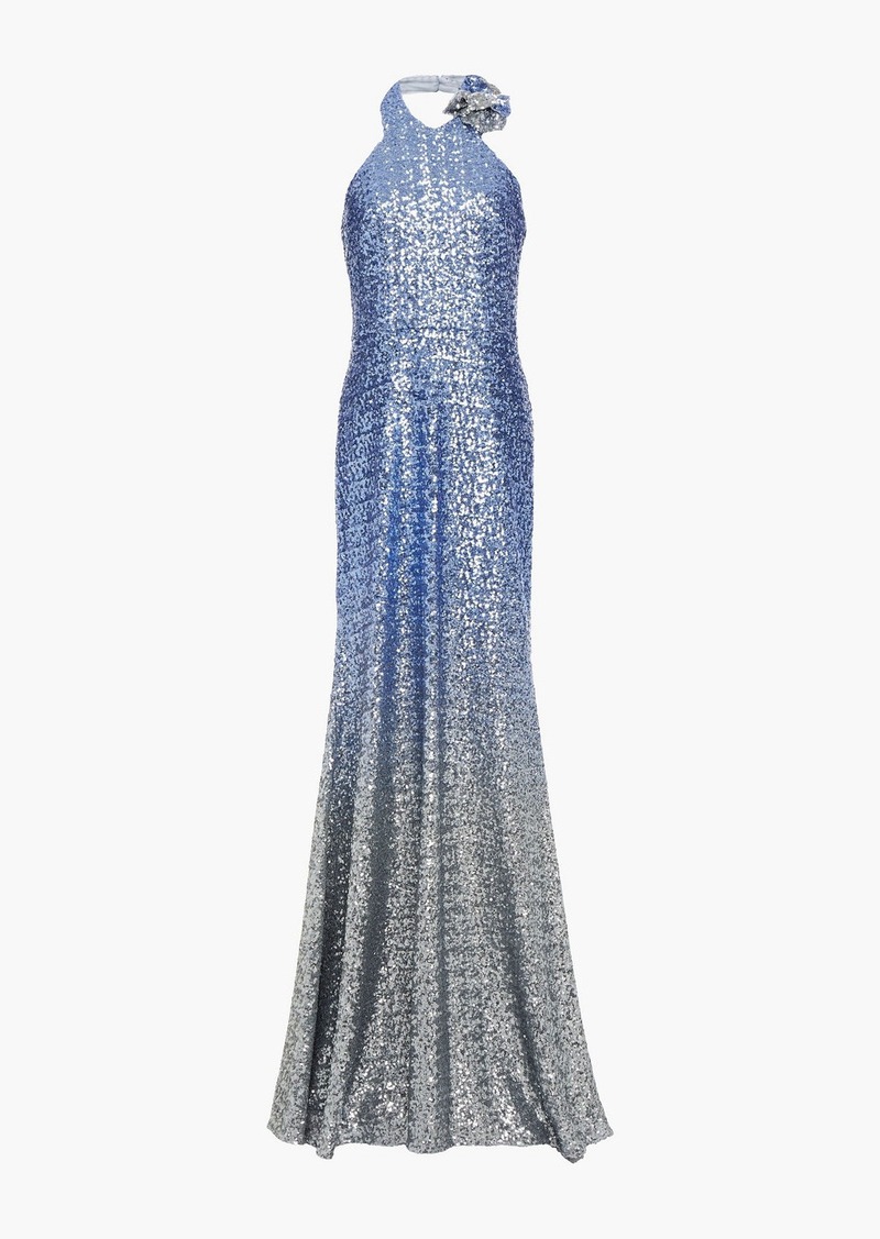 Marchesa Notte - Floral-appliquéd dégradé sequined stretch-tulle halterneck gown - Blue - US 6
