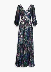 Marchesa Notte - Cutout metallic floral-print chiffon gown - Green - US 2