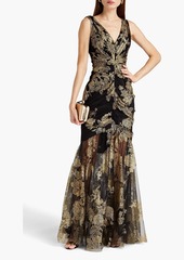 Marchesa Notte - Gathered glittered tulle gown - Black - US 4