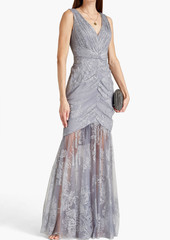 Marchesa Notte - Gathered glittered tulle gown - Black - US 4