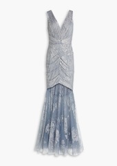 Marchesa Notte - Ruched glittered tulle gown - Gray - US 4