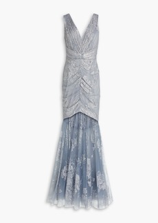 Marchesa Notte - Ruched glittered tulle gown - Gray - US 4