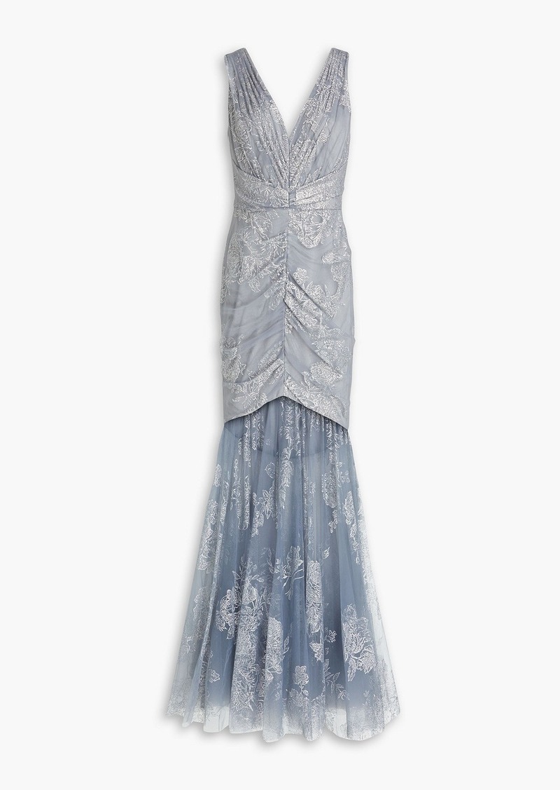 Marchesa Notte - Ruched glittered tulle gown - Gray - US 8