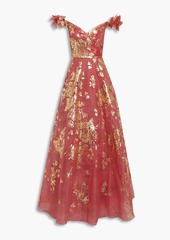 Marchesa Notte - Off-the-shoulder floral-appliquéd printed organza gown - Orange - US 4