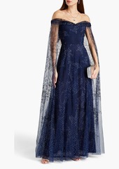 Marchesa Notte - Cape-effect glittered tulle gown - Blue - US 2