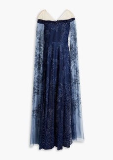 Marchesa Notte - Cape-effect glittered tulle gown - Blue - US 2